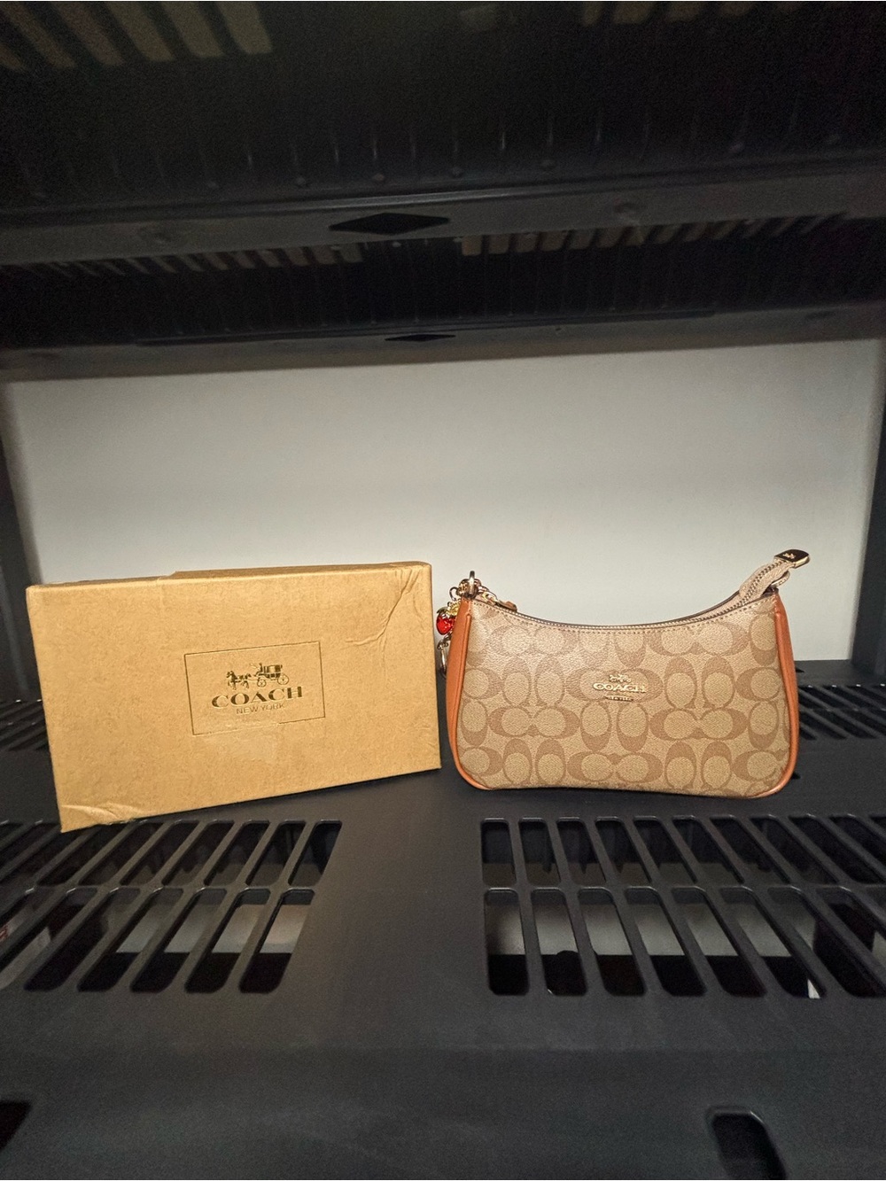 Coach Mini Shoulder Bag in Signature Brown Canvas with Tan Trim
